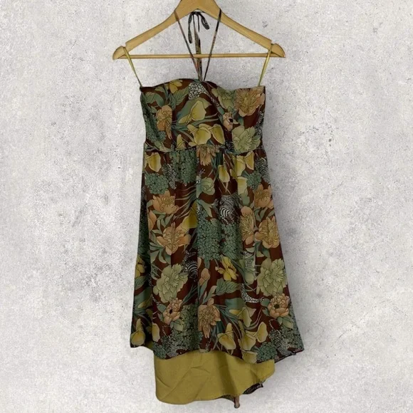 Urban Outfitters Kimchi Blue Floral‎ Boho Halter Dress Brown Size Medium Smocked - Picture 9 of 14